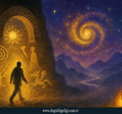 Kahramanın Yolculuğu (Hero’s Journey) – eşiği geçerek bilinmeyene adım atan kahraman figürü, kadim semboller, spiral galaksi ve mistik gece manzarası