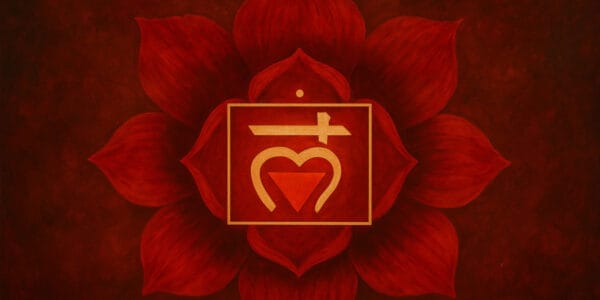 Kırmızı lotus ve Kök Çakra sembolü – güven, topraklanma ve yaşam enerjisi.