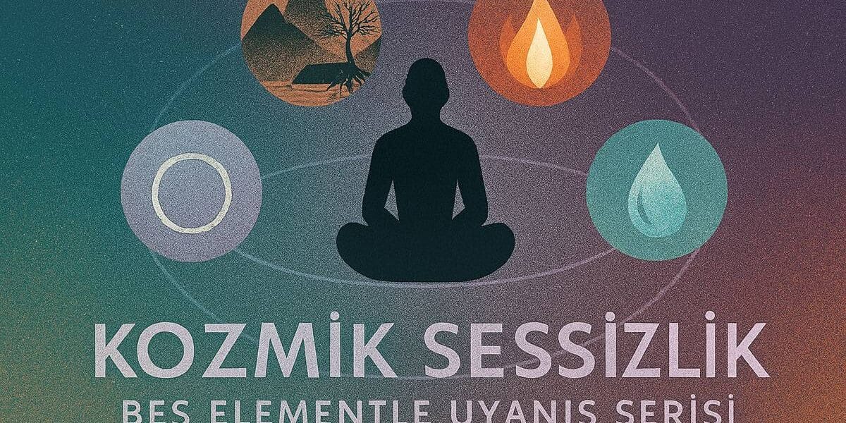 Kozmik Sessizlik (Cosmic Silence): Beş Elementle Uyanış Serisi kapak görseli – meditasyon yapan insan silueti, çevresinde toprak, su, ateş, hava ve eter sembolleri