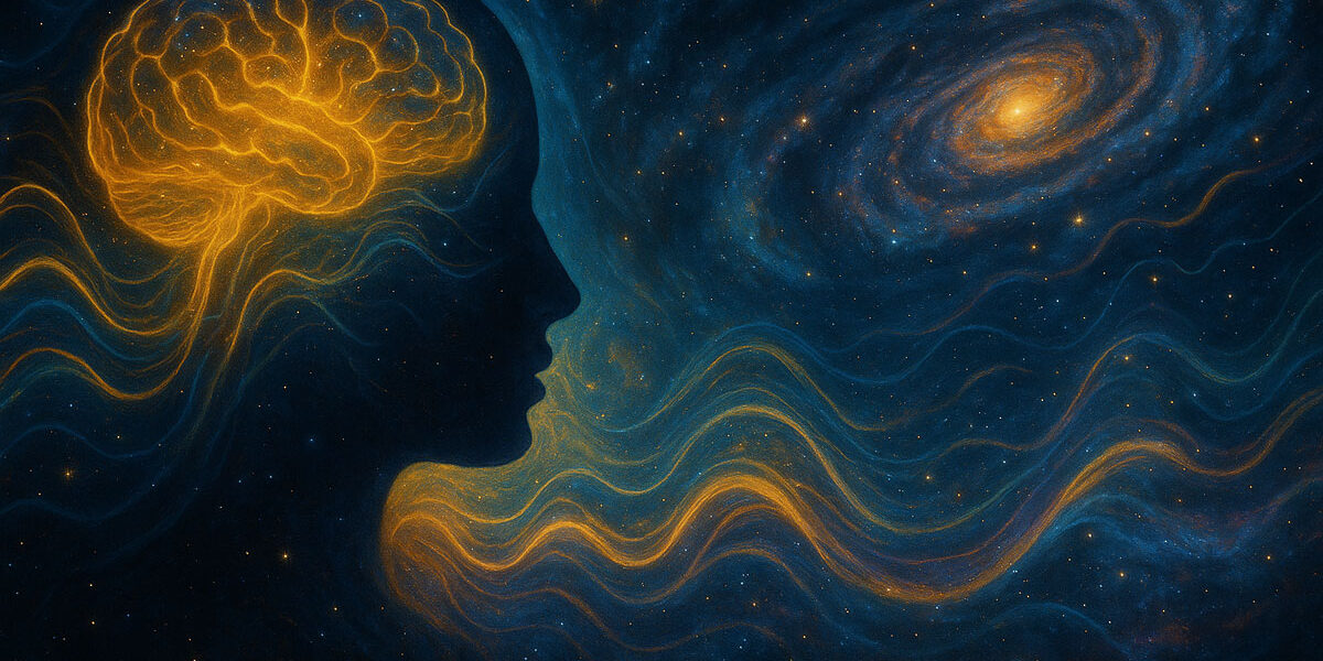 Kuantum bilinç (quantum consciousness) ve zihnin evrenle dansı sembolik illüstrasyon – Doğu Bilgeliği