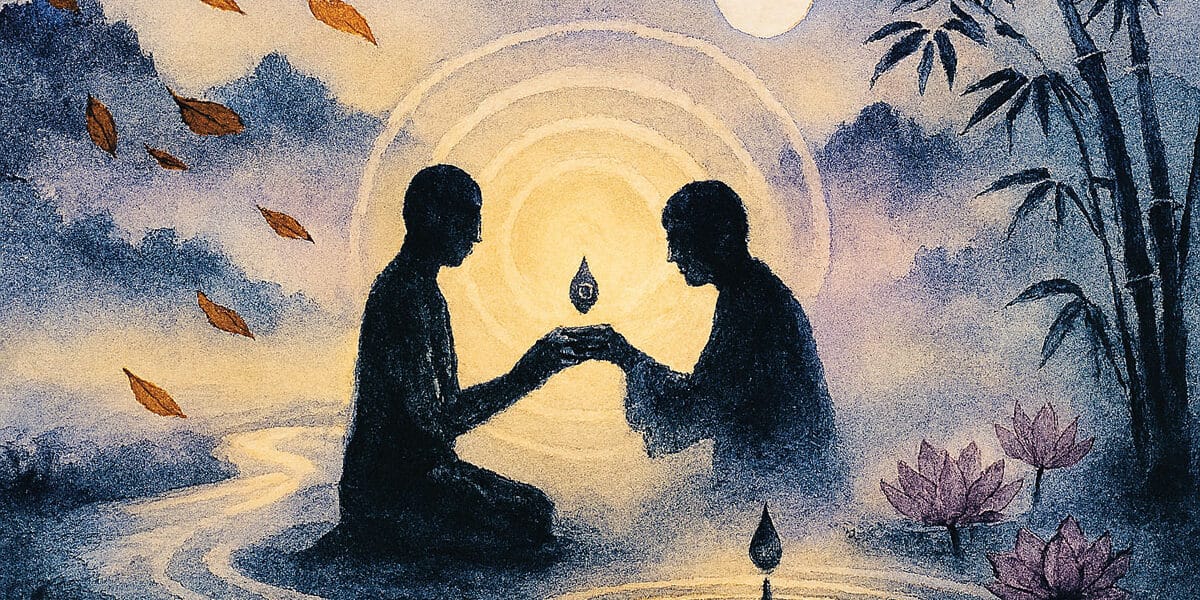 Zen tarzında çizilmiş bir sahnede iki kişi, su damlası ve ışık eşliğinde merhamet ve hizmeti paylaşırken tasvir ediliyor. Arka planda ay, bambu ve nilüferler aydınlanma yolunu sembolize ediyor.