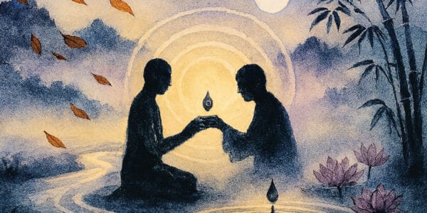 Zen tarzında çizilmiş bir sahnede iki kişi, su damlası ve ışık eşliğinde merhamet ve hizmeti paylaşırken tasvir ediliyor. Arka planda ay, bambu ve nilüferler aydınlanma yolunu sembolize ediyor.