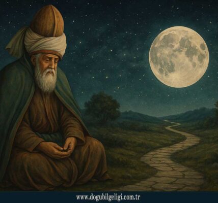 Mevlânâ dolunay altında derin düşünce hâlinde – Sufizm (Sufism) ve ruhsal yolculuğun sembolü.