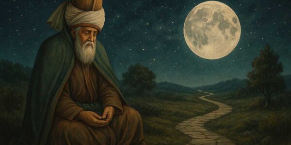 Mevlânâ dolunay altında derin düşünce hâlinde – Sufizm (Sufism) ve ruhsal yolculuğun sembolü.