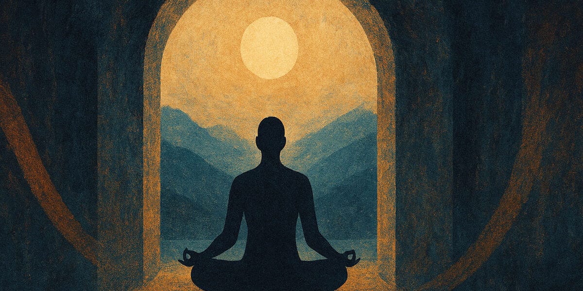 Sessizliğin şifası ve içsel dengeyi temsil eden Zen oturuşunda meditasyon yapan figür – sisli dağlar ve sabah ışığı eşliğinde