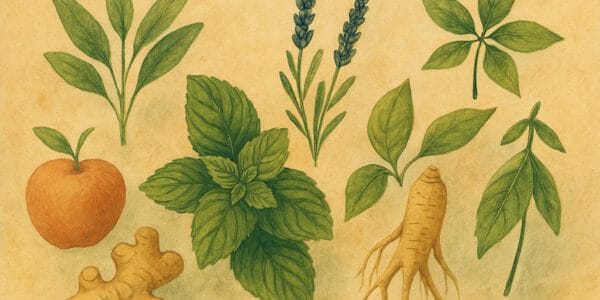 "Şifalı bitkilerle geleneksel tıpta ruh ve beden dengesini sağlayan doğal şifa gücünü simgeleyen, bitki ve çiçeklerle hazırlanmış mistik görsel."