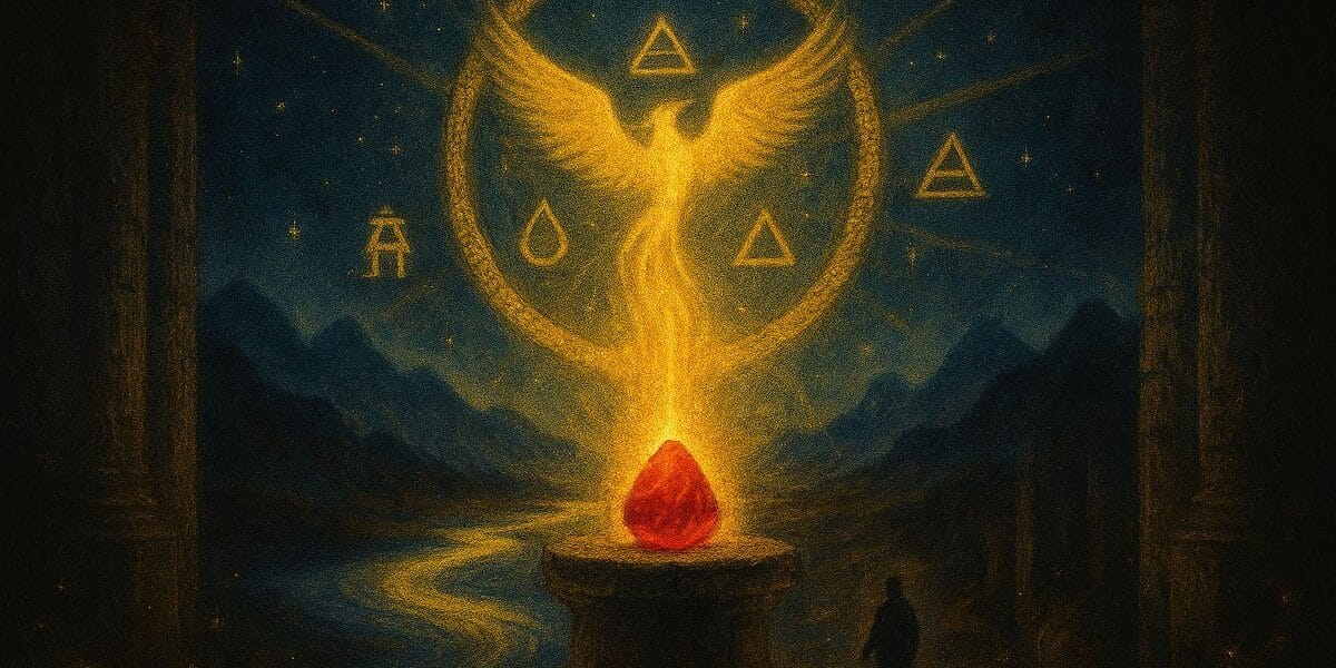 Simya (Alchemy) sembolleriyle Felsefe Taşı, Ouroboros ve Zümrüdüanka’yı içeren ezoterik görsel – Kadim Öğretiler yazı dizisi.