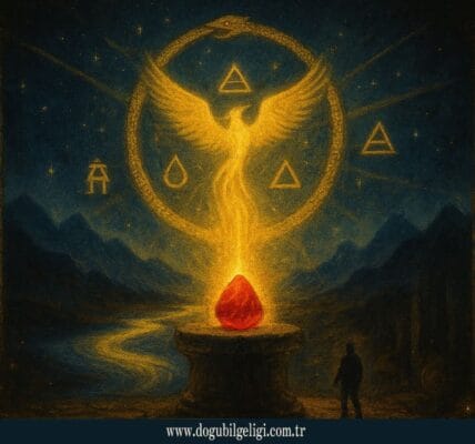 Simya (Alchemy) sembolleriyle Felsefe Taşı, Ouroboros ve Zümrüdüanka’yı içeren ezoterik görsel – Kadim Öğretiler yazı dizisi.