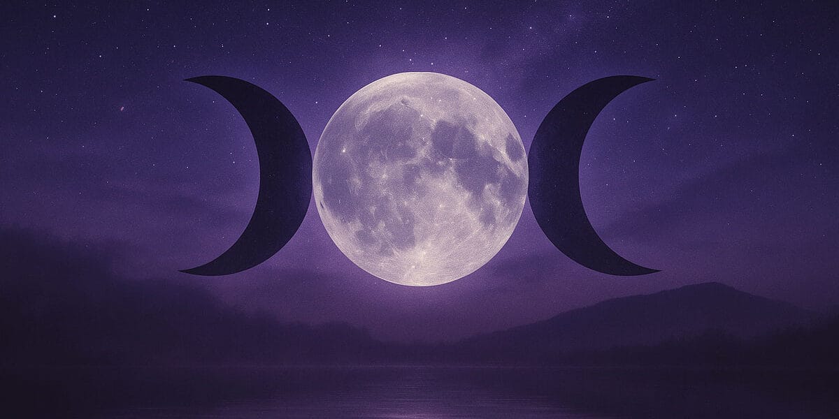 Üç Ay (Triple Moon) sembolü – ilahi dişil enerjiyi, ay döngülerini ve yaşamın evrensel ritmini temsil eden ezoterik sembol.