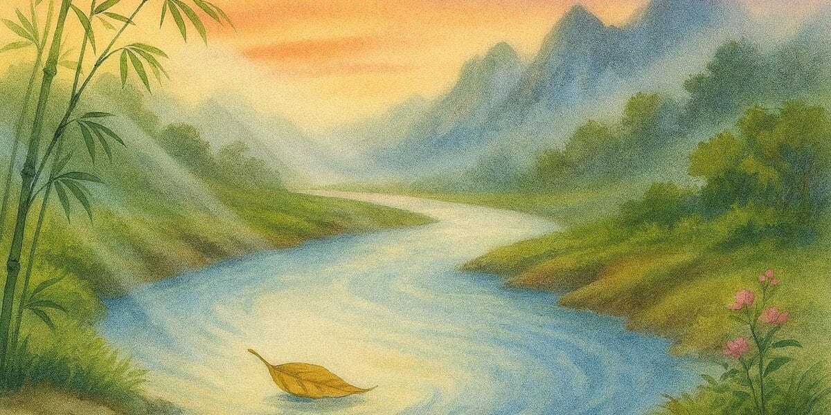 Wu Wei (Taoist flow) sembolü – Nehirde süzülen yaprak ile akışta olmanın sanatı