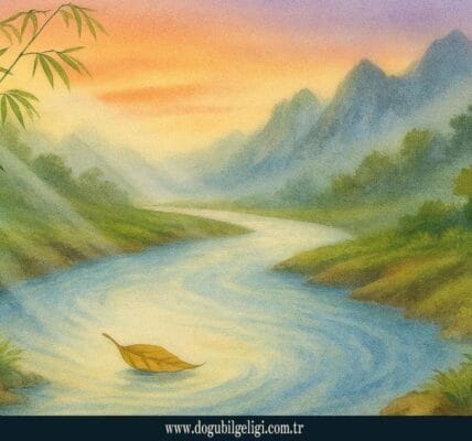 Wu Wei (Taoist flow) sembolü – Nehirde süzülen yaprak ile akışta olmanın sanatı