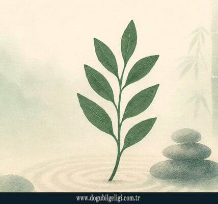 Yaprak sembolü (leaf symbol) – defne dalı, doğallık, yenilenme ve dinginlik işareti; Zen taşları ve bambu arka planıyla Semboller Sözlüğü yazısı görseli.