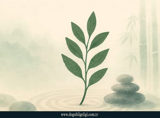 Yaprak sembolü (leaf symbol) – defne dalı, doğallık, yenilenme ve dinginlik işareti; Zen taşları ve bambu arka planıyla Semboller Sözlüğü yazısı görseli.