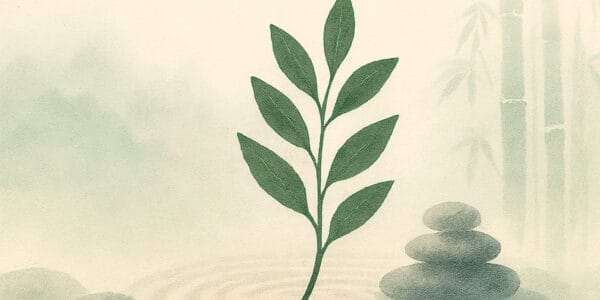 Yaprak sembolü (leaf symbol) – defne dalı, doğallık, yenilenme ve dinginlik işareti; Zen taşları ve bambu arka planıyla Semboller Sözlüğü yazısı görseli.