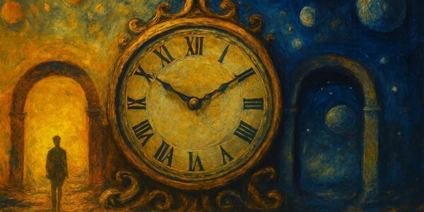 Zamanın Doğası ve Paralel Evrenler – kuantum, mistisizm ve sanatın birleştiği kozmik sürrealist görsel.