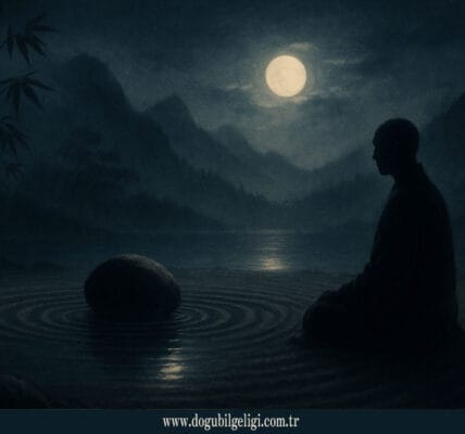 Zen bahçesi (Zen garden) içinde meditasyon yapan Zen keşişi, taş ve su halkalarıyla ay ışığının yansımasını deneyimleyen mistik sahne.