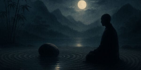 Zen bahçesi (Zen garden) içinde meditasyon yapan Zen keşişi, taş ve su halkalarıyla ay ışığının yansımasını deneyimleyen mistik sahne.