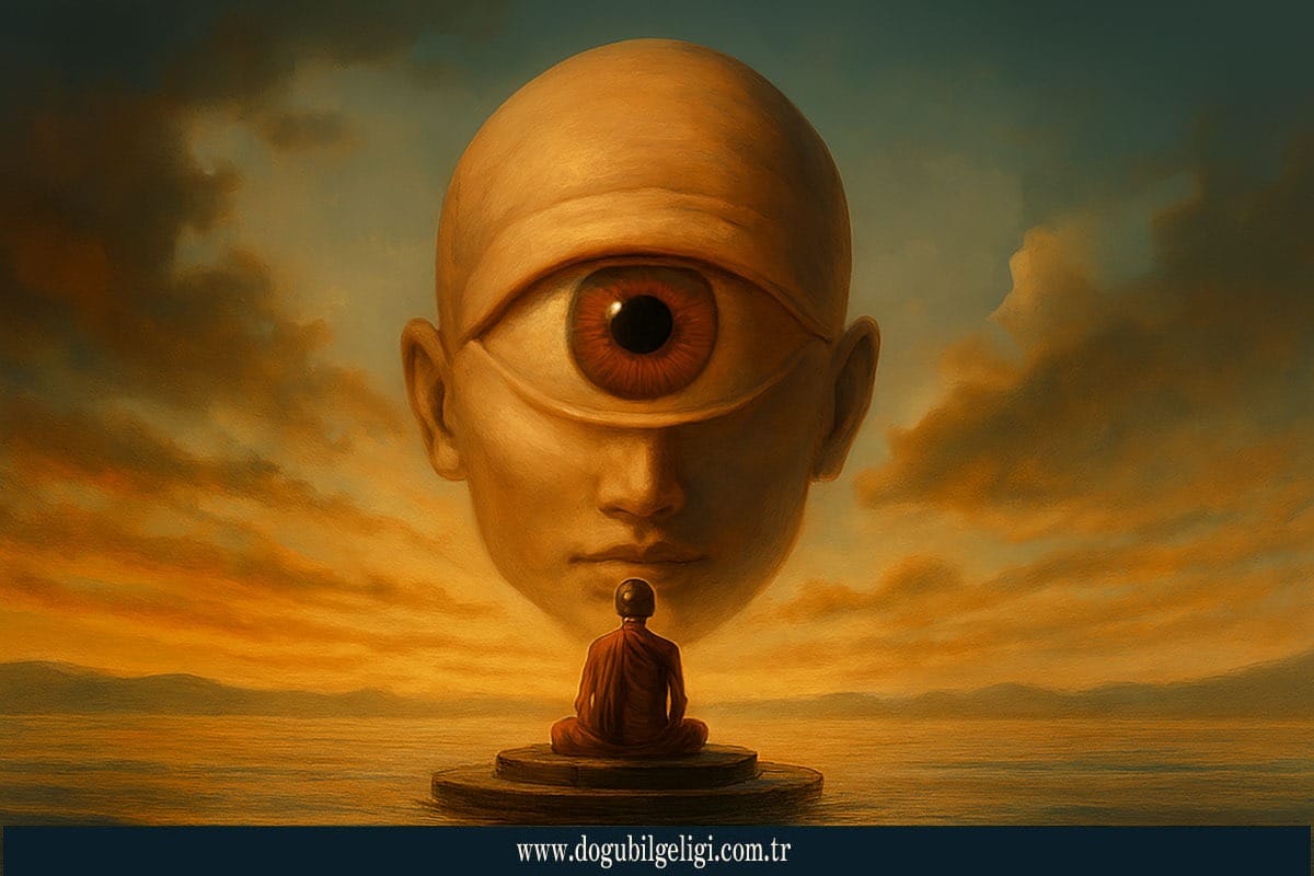 Gözlemleyen zihin (observer mind) temalı görsel – Kuantumda tanık olma ve Zen farkındalığı arasındaki bağı anlatan sembolik kompozisyon.