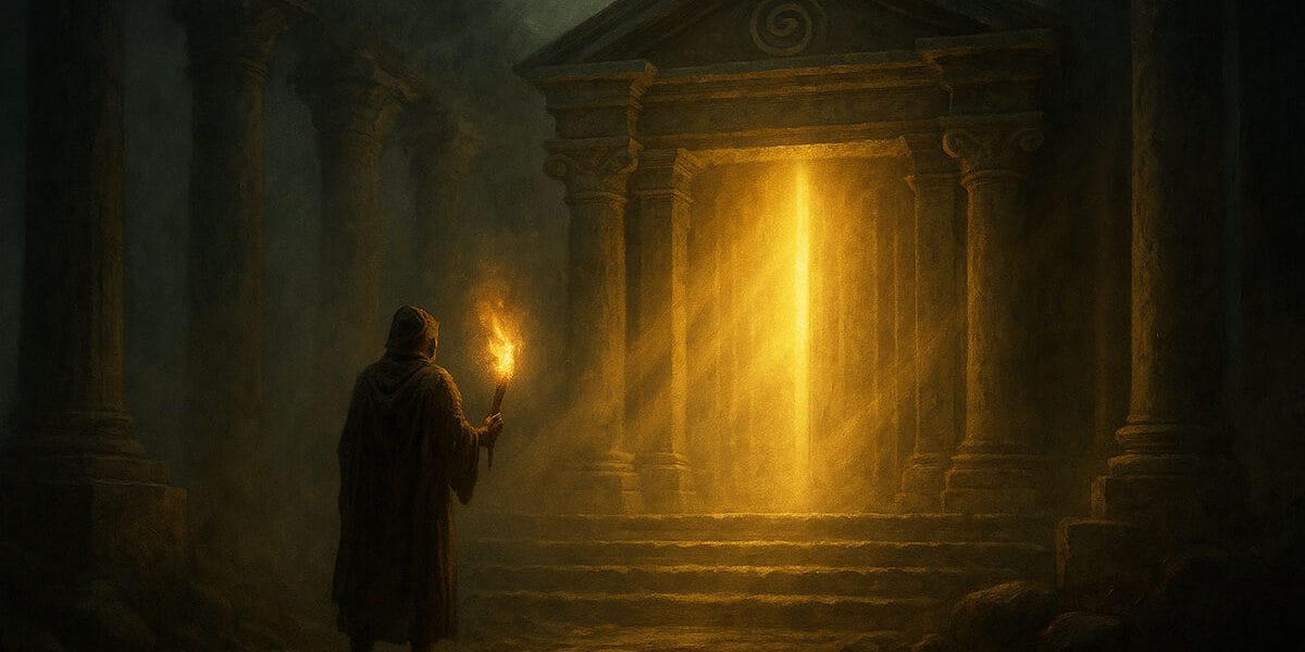Antik Gizem Okulları (Ancient Mystery Schools) temalı görsel; sisli tapınak girişi, meşale taşıyan figür ve altın ışık huzmeleriyle kadim bilgelik yolculuğunu simgeliyor – Kadim Öğretiler yazı dizisi.
