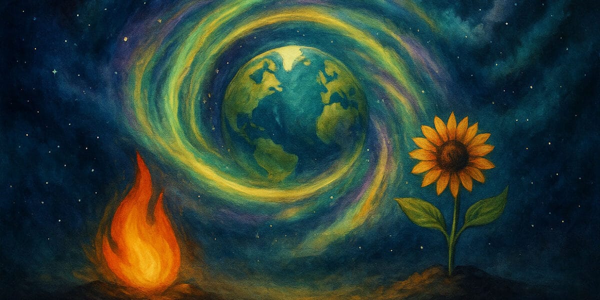 Evrensel dönüşüm yasası (Universal Law of Transformation) – dört elementin birleşimiyle yaşamın kozmik yenilenme döngüsünü simgeleyen mistik sürreal illüstrasyon.