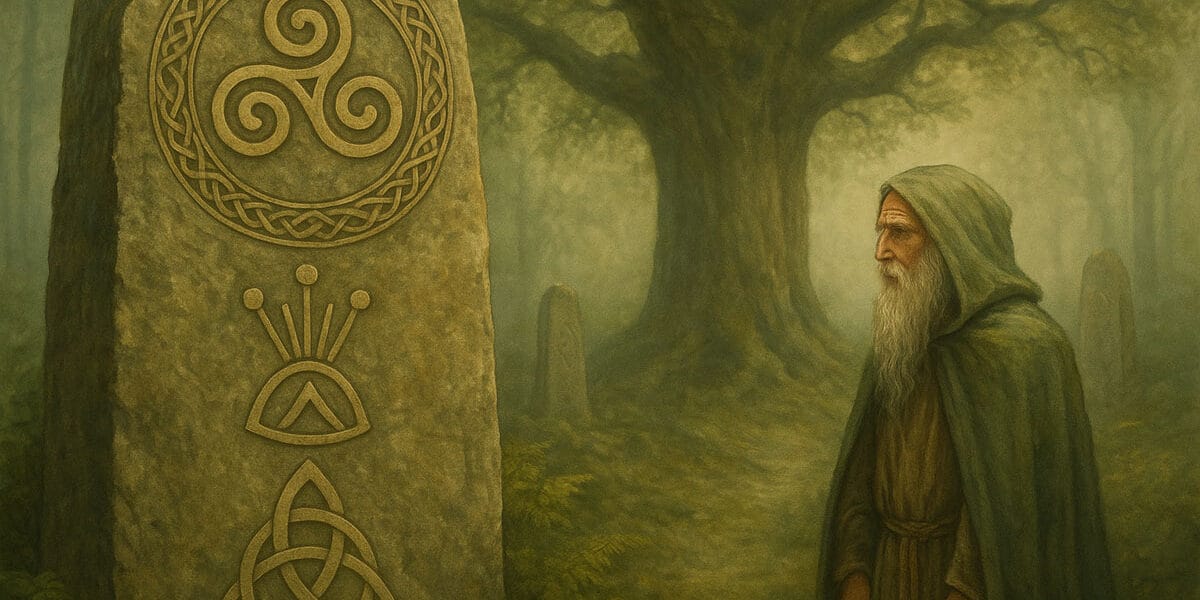 Sisli ormanda duran bir druid bilgesi, taş oymalar üzerindeki Kelt sembollerine (Triskele, Awen, Celtic Knot) bakıyor; doğanın sessizliğini ve kadim bilgeliği simgeliyor.