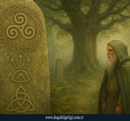 Sisli ormanda duran bir druid bilgesi, taş oymalar üzerindeki Kelt sembollerine (Triskele, Awen, Celtic Knot) bakıyor; doğanın sessizliğini ve kadim bilgeliği simgeliyor.