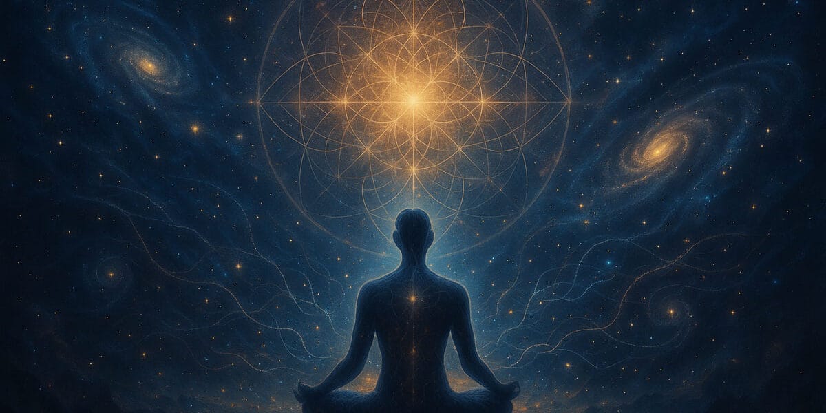 Kuantum bilinç (quantum consciousness) ve evrenin mimarisi sembolü – meditasyon halindeki figür ve kozmik enerji akışıyla birleşen illüstrasyon.