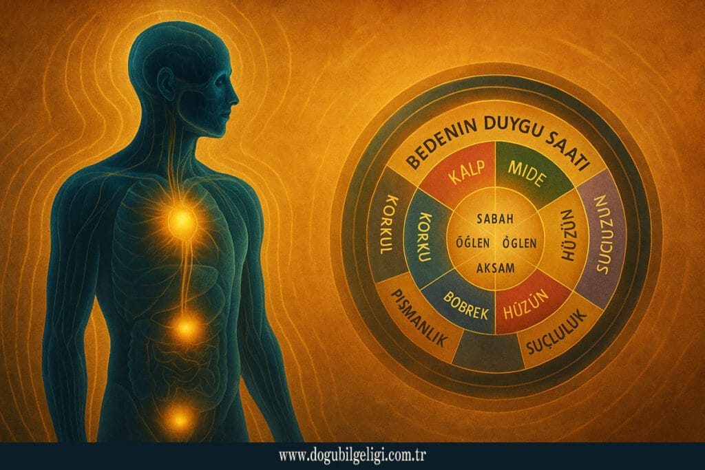 Vücudun çığlıkları (Body’s Cries) ve ruhun mesajları (Soul’s Messages) temalı sürreal anatomi görseli; mavi saydam insan bedeni, altın enerji hatları ve toprak tonlu ruhsal denge atmosferiyle beden-ruh bütünlüğünü temsil eder.