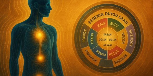 Vücudun çığlıkları (Body’s Cries) ve ruhun mesajları (Soul’s Messages) temalı sürreal anatomi görseli; mavi saydam insan bedeni, altın enerji hatları ve toprak tonlu ruhsal denge atmosferiyle beden-ruh bütünlüğünü temsil eder.