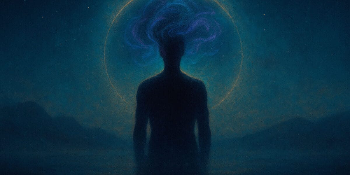 Benlik yanılsaması (self illusion) temasını yansıtan, zihin aurası ve canlı Zen Realism renkleriyle hazırlanmış insan silueti görseli