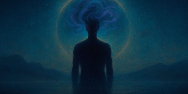 Benlik yanılsaması (self illusion) temasını yansıtan, zihin aurası ve canlı Zen Realism renkleriyle hazırlanmış insan silueti görseli