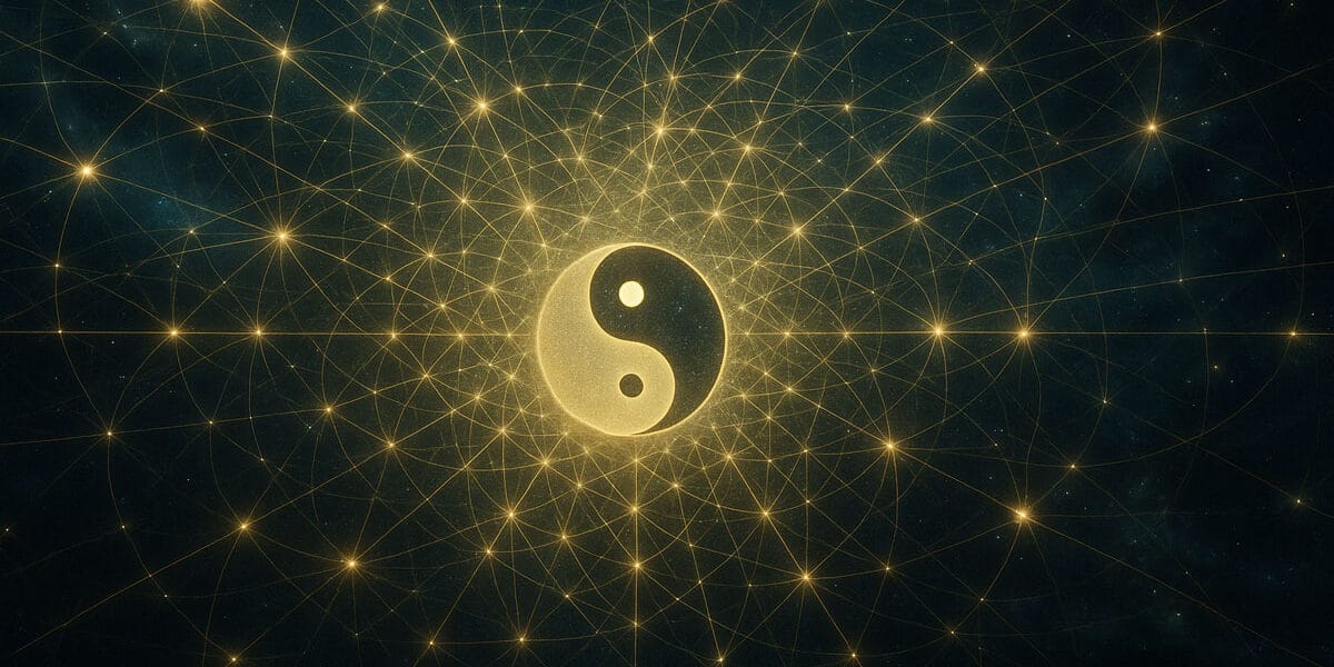 Bütünsellik (Wholeness) temasında Yin-Yang sembolü ve kozmik bağlantı ağı; evrendeki görünmez bağların bütünlüğünü temsil eden görsel.