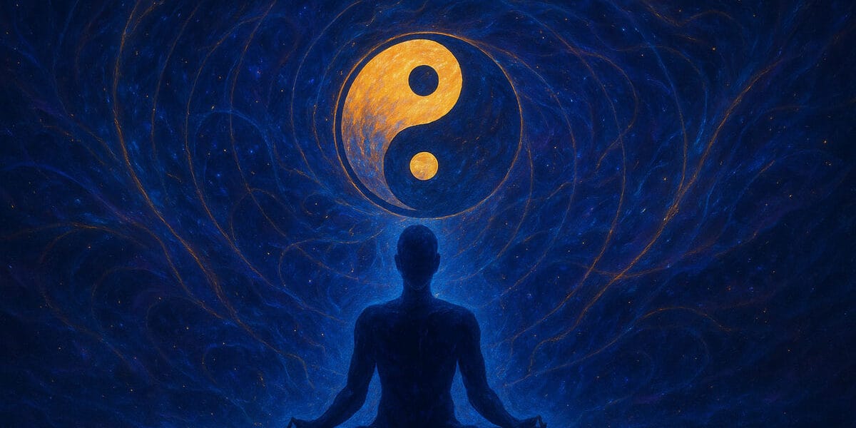 Doğu mistisizmi ve kuantum fiziği (Eastern mysticism and quantum physics) temalı görsel; meditasyon yapan figür ve Yin-Yang sembolüyle evrensel enerji dengesini yansıtan mistik kompozisyon.