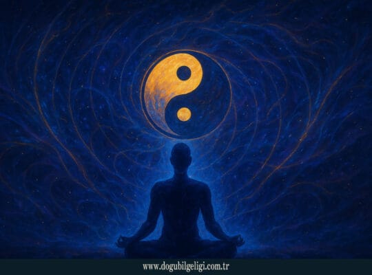 Doğu mistisizmi ve kuantum fiziği (Eastern mysticism and quantum physics) temalı görsel; meditasyon yapan figür ve Yin-Yang sembolüyle evrensel enerji dengesini yansıtan mistik kompozisyon.