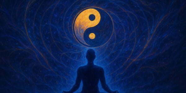 Doğu mistisizmi ve kuantum fiziği (Eastern mysticism and quantum physics) temalı görsel; meditasyon yapan figür ve Yin-Yang sembolüyle evrensel enerji dengesini yansıtan mistik kompozisyon.