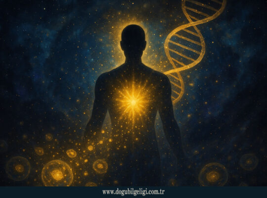 Epigenetik değişim ile yaşlanmayı durdurmayı simgeleyen kozmik hücresel yenilenme illüstrasyonu (epigenetic change)