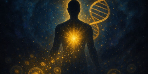 Epigenetik değişim ile yaşlanmayı durdurmayı simgeleyen kozmik hücresel yenilenme illüstrasyonu (epigenetic change)