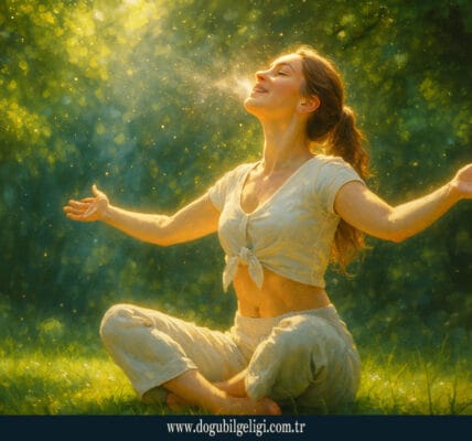 Nefes (breath) çalışması yapan, doğanın içinde huzurla oturup kollarını açarak nefes alan kadın figürünün gerçekçi–mistik dijital sanat tasviri.