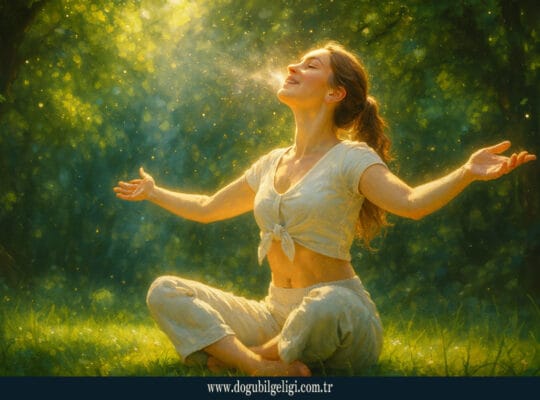 Nefes (breath) çalışması yapan, doğanın içinde huzurla oturup kollarını açarak nefes alan kadın figürünün gerçekçi–mistik dijital sanat tasviri.