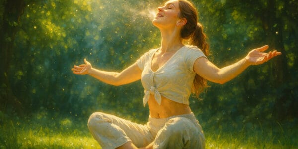 Nefes (breath) çalışması yapan, doğanın içinde huzurla oturup kollarını açarak nefes alan kadın figürünün gerçekçi–mistik dijital sanat tasviri.