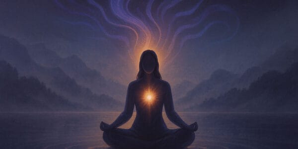 Sezgisel bilgi (intuitive knowledge) temasını yansıtan meditasyon yapan figür ve kalpten yükselen ışık.