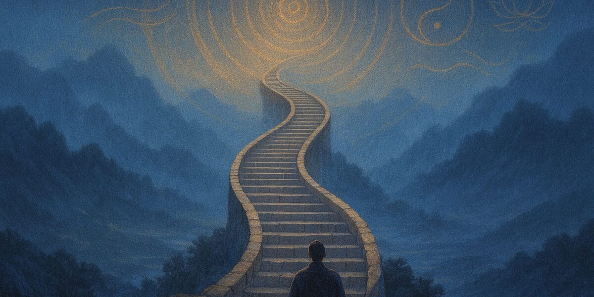Sezgisel bilgi (intuitive knowledge) yolculuğunu simgeleyen kıvrımlı merdiven ve meditasyon yapan figür.