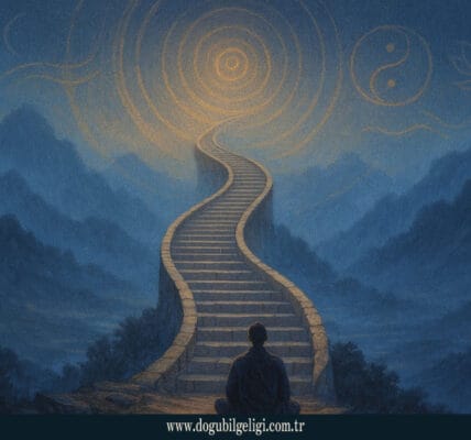 Sezgisel bilgi (intuitive knowledge) yolculuğunu simgeleyen kıvrımlı merdiven ve meditasyon yapan figür.