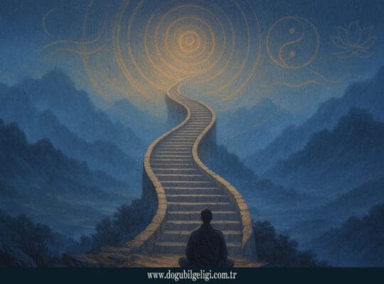 Sezgisel bilgi (intuitive knowledge) yolculuğunu simgeleyen kıvrımlı merdiven ve meditasyon yapan figür.