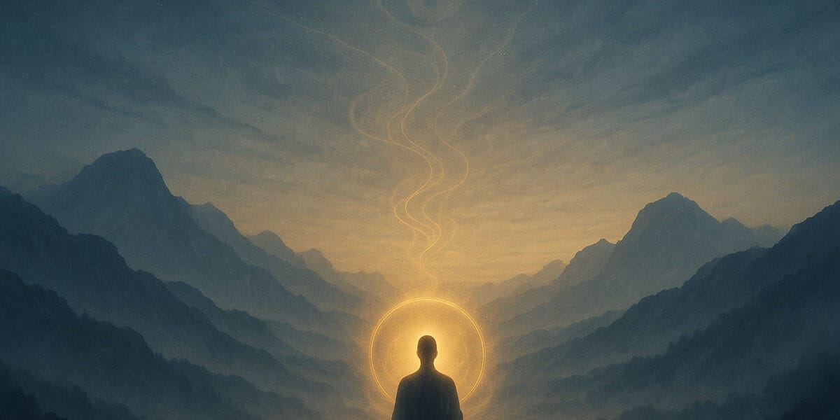 Tao’nun görünmez öğretisi (Tao’s invisible teaching) ve ruhun ışık yolculuğu temalı Zen–Taoist dijital gerçeklik görseli