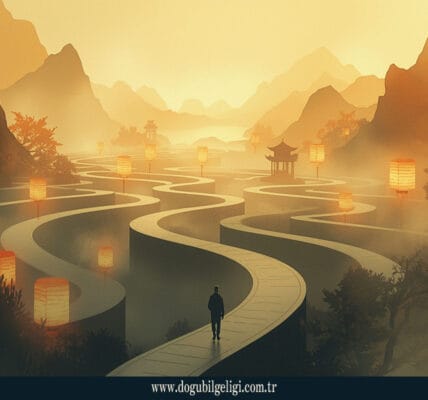 Labirentin ortasında oturan veya yürüyen figür, etrafında sisli dağlar ve sakin vadiler, Zen Art / sumi-e stili ile içsel farkındalık ve çok boyutlu kimlik temalı
