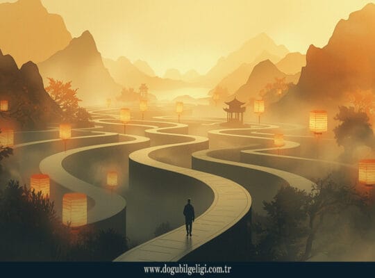 Labirentin ortasında oturan veya yürüyen figür, etrafında sisli dağlar ve sakin vadiler, Zen Art / sumi-e stili ile içsel farkındalık ve çok boyutlu kimlik temalı