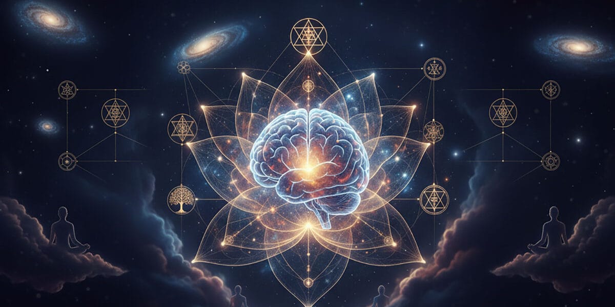 Bilinç beynin ötesinde (Consciousness beyond the brain) sürreal bir görselle ifade ediliyor; kozmik enerji dalgaları, evrensel farkındalık ve alan-temelli bilinç hissini temsil ediyor