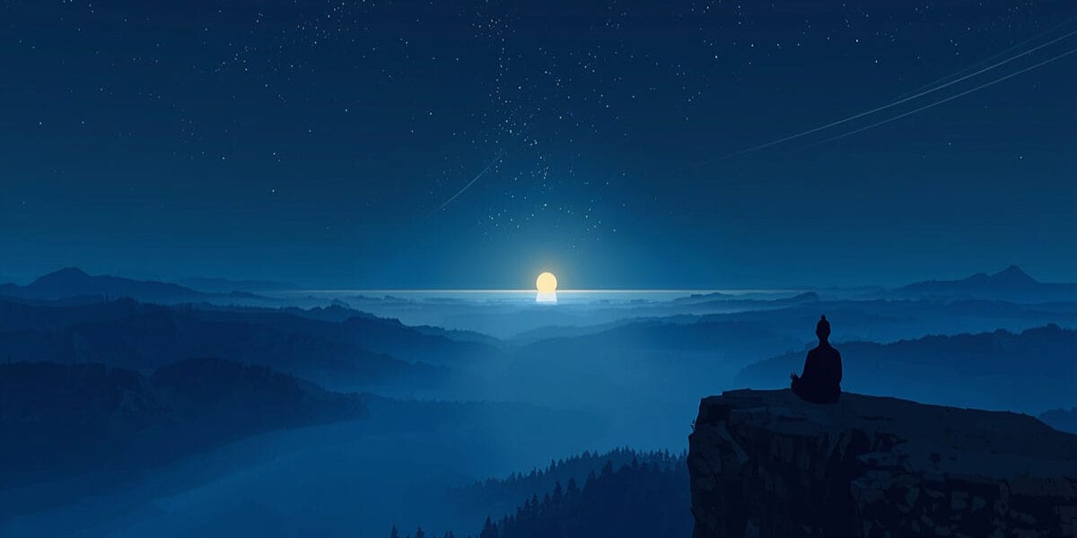 Sıfır Noktası Enerjisi ve hiçlik makamını temsil eden, kozmik vakum titreşimleri altında meditasyon yapan figür