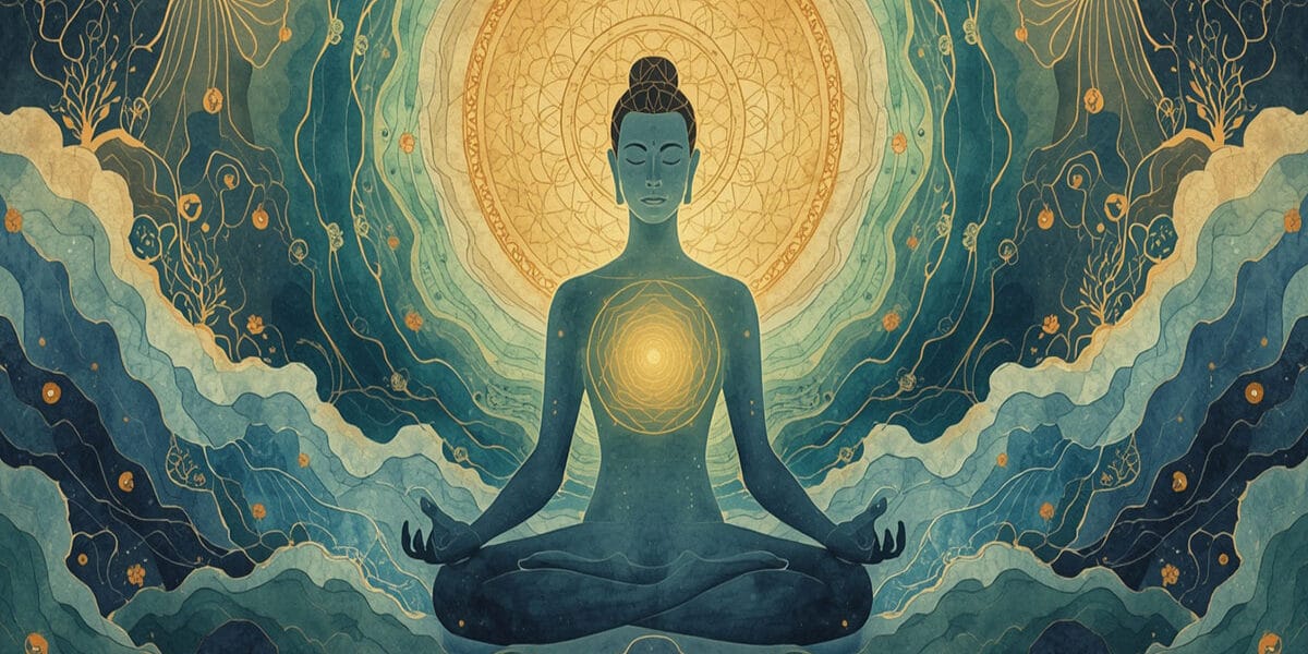 Zen Art tarzında, meditasyon halindeki insan figürü, kalp merkezinde altın ışık ve enerji dalgalarıyla zihnin sessizliği ve hücresel şifayı simgeliyor (Zen art, silence of mind, cellular healing)